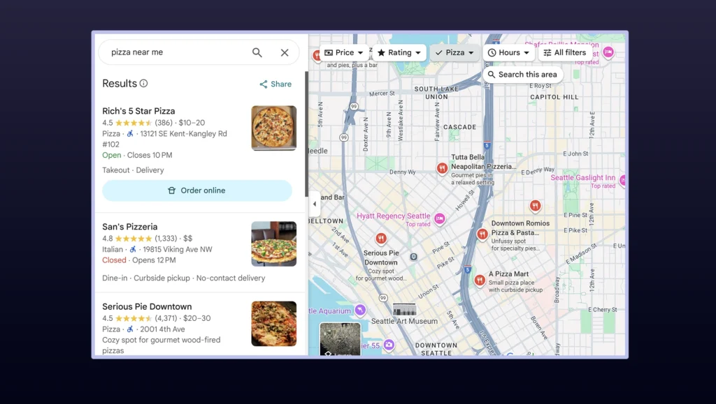 Google search results and map view showing local pizzerias ranked by reviews, ratings, and proximity, illustrating the importance of Google Business Profile and reviews for local SEO.