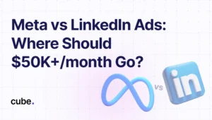Comparison of Meta and LinkedIn Ads with logos, asking where to allocate $50K+ per month.
