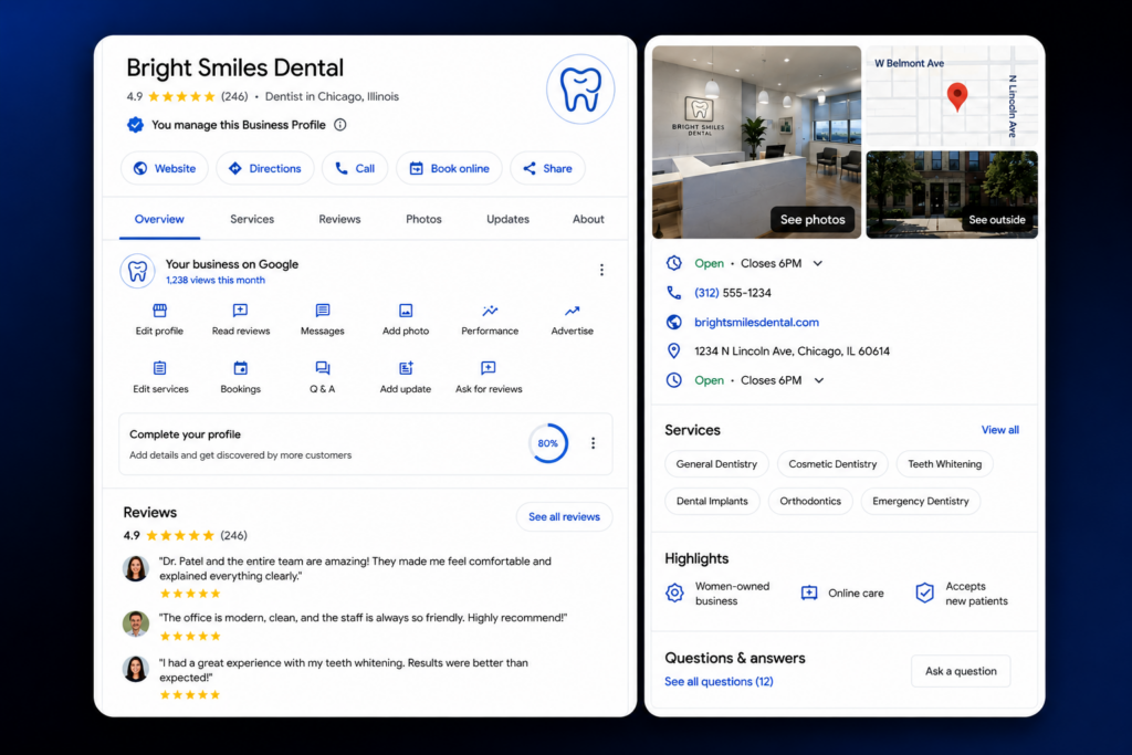 Screenshot of a well-optimized Google Business Profile for a dental practice