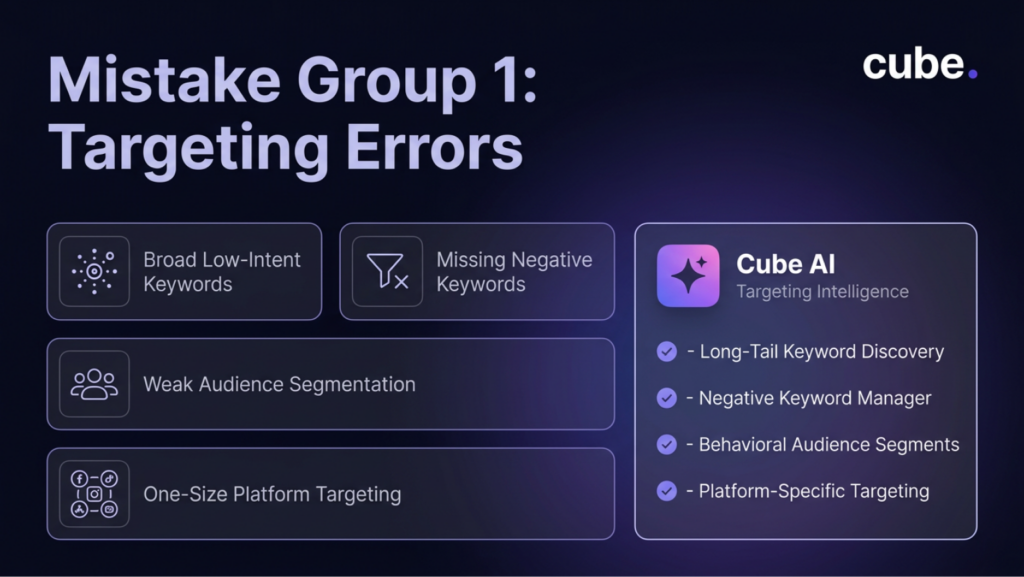 An infographic stating the targeting errors while doing paid ads, curated by CUBE. 