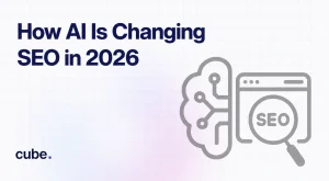 Illustration showing AI-powered SEO with search, AI, and website icons, representing the future of search optimization.