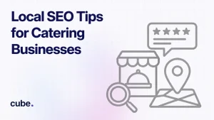 Illustration of local SEO for catering with storefront, map pin, search icon, serving tray, and customer review graphic.