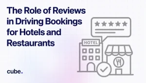 Illustration of hotel and restaurant review ratings with feedback icons, showing how reviews influence customer bookings.