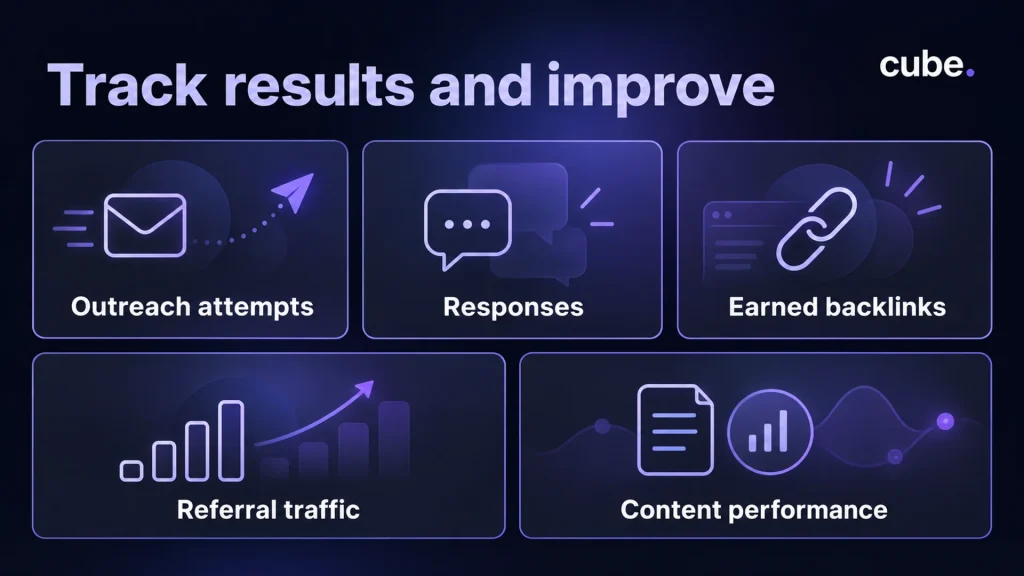 Cube infographic showing broken link building metrics including outreach, backlinks, and traffic tracking