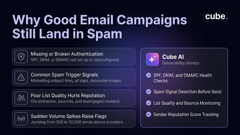 Cube AI graphic showing email spam causes including authentication issues, poor list quality, spam signals, and sudden volume spikes.