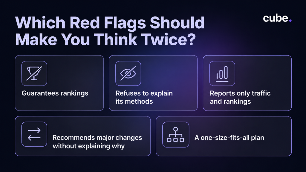 Cube infographic highlighting SEO agency red flags like ranking guarantees and unclear methods